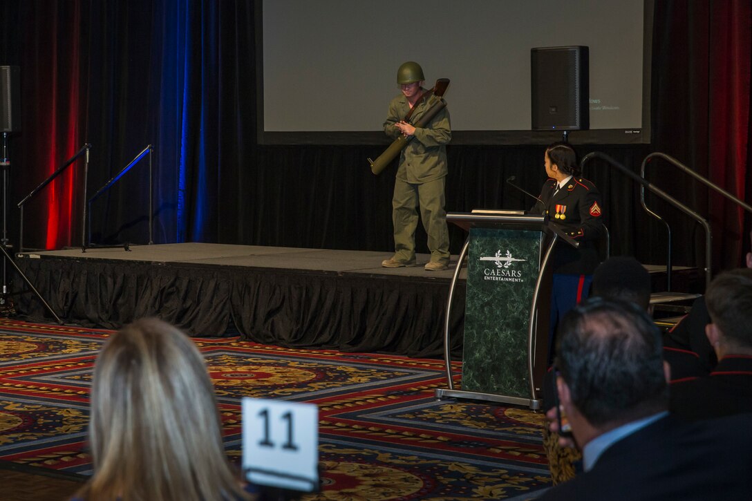U.S. Marines assigned to Headquarters and Headquarters Sqaudron (H&HS), Marine Corps Air Station (MCAS) Yuma participate in the 244th Marine Corps Birthday Ceremony in Las Vegas, Nevada Nov. 9, 2019. Each year Marines, Sailors assigned to Marine units, and their spouses and families celebrate the Marine Corps birthday of  November 10, 1775 and honor the traditions and history of the Marines. (U.S. Marine Corps photo by Sgt. Isaac D. Martinez)