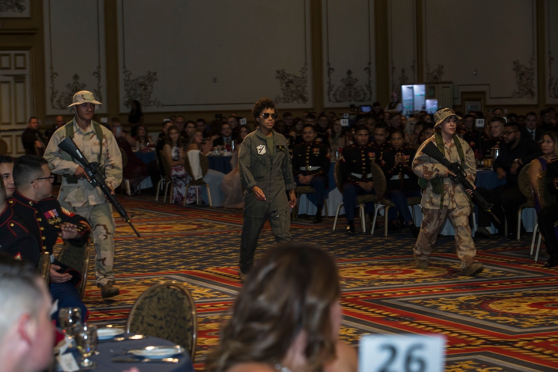 U.S. Marines assigned to Headquarters and Headquarters Sqaudron (H&HS), Marine Corps Air Station (MCAS) Yuma participate in the 244th Marine Corps Birthday Ceremony in Las Vegas, Nevada Nov. 9, 2019. Each year Marines, Sailors assigned to Marine units, and their spouses and families celebrate the Marine Corps birthday of  November 10, 1775 and honor the traditions and history of the Marines. (U.S. Marine Corps photo by Sgt. Isaac D. Martinez)