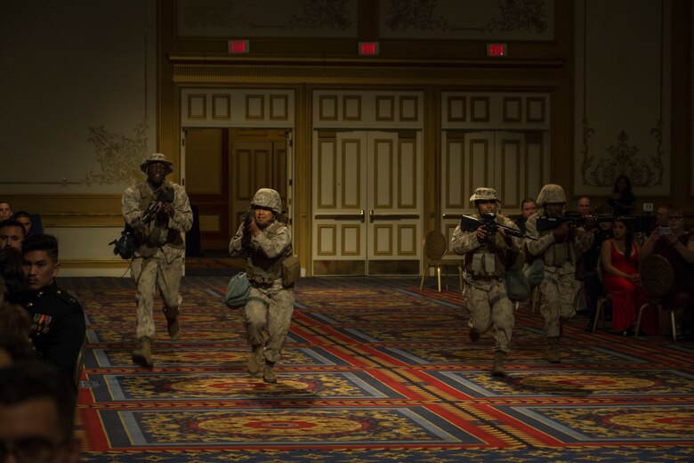 U.S. Marines assigned to Headquarters and Headquarters Sqaudron (H&HS), Marine Corps Air Station (MCAS) Yuma participate in the 244th Marine Corps Birthday Ceremony in Las Vegas, Nevada Nov. 9, 2019. Each year Marines, Sailors assigned to Marine units, and their spouses and families celebrate the Marine Corps birthday of  November 10, 1775 and honor the traditions and history of the Marines. (U.S. Marine Corps photo by Sgt. Isaac D. Martinez)