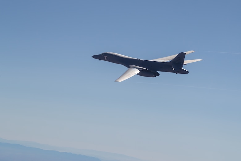 The B-1B Lancer conducted aerial testing with the KC-46 Pegasus in the skies over Edwards Air Force Base, California, recently. (Air Force photo by Don Allen)