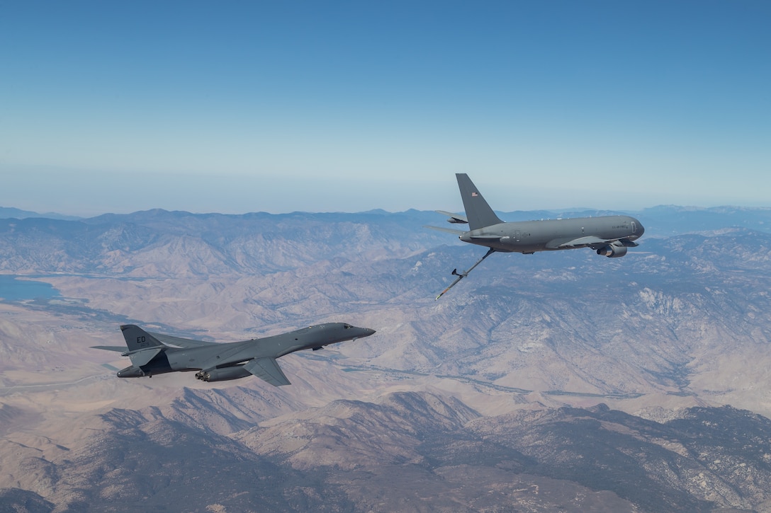 The B-1B Lancer conducted aerial testing with the KC-46 Pegasus in the skies over Edwards Air Force Base, California, recently. (Air Force photo by Don Allen)