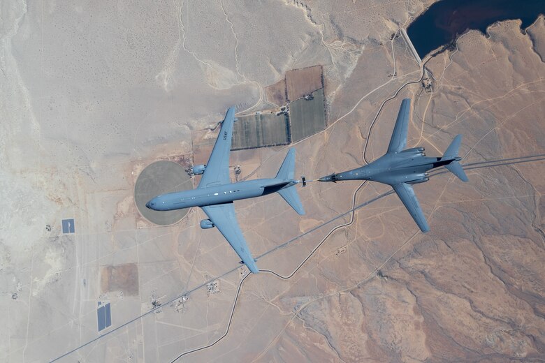 The B-1B Lancer conducted aerial testing with the KC-46 Pegasus in the skies over Edwards Air Force Base, California, recently. (Air Force photo by Don Allen)