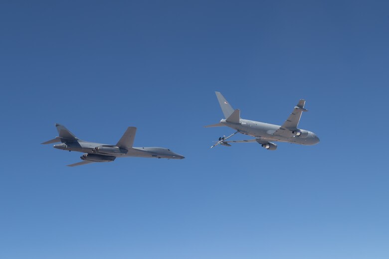 The B-1B Lancer conducted aerial testing with the KC-46 Pegasus in the skies over Edwards Air Force Base, California, recently. (Air Force photo by Don Allen)