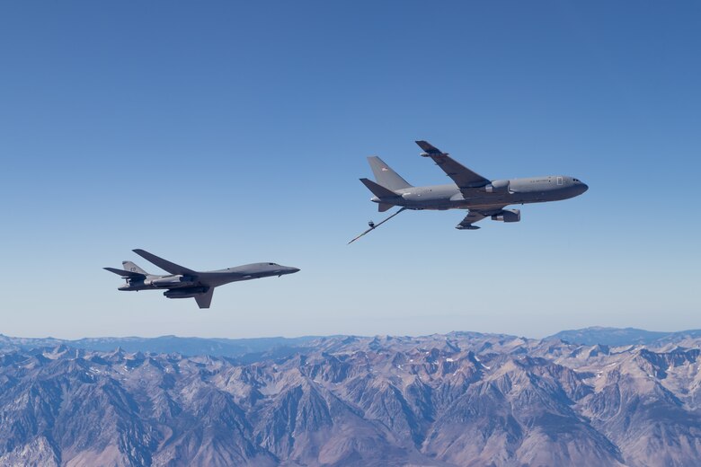 The B-1B Lancer conducted aerial testing with the KC-46 Pegasus in the skies over Edwards Air Force Base, California, recently. (Air Force photo by Don Allen)