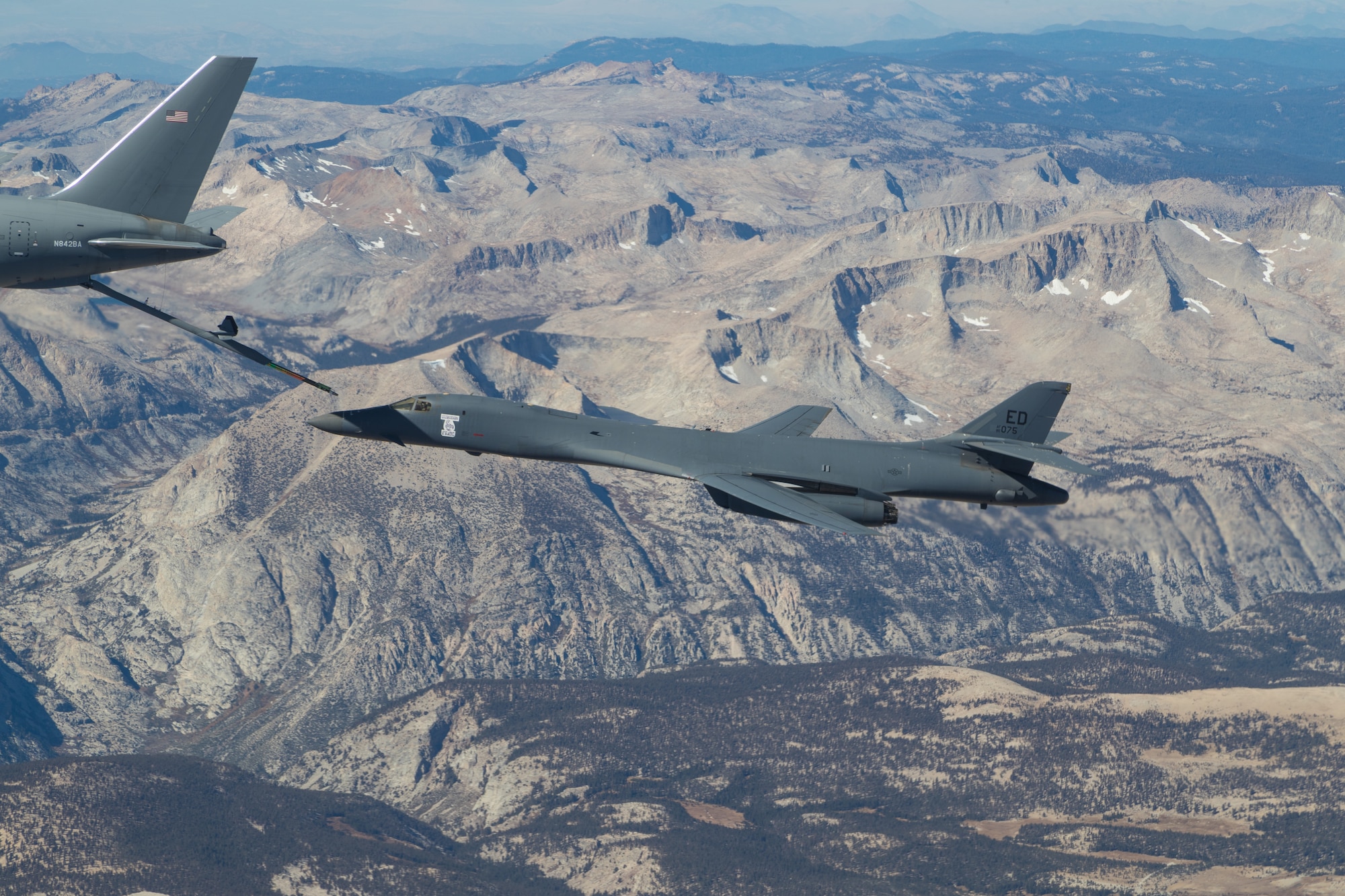 The B-1B Lancer conducted aerial testing with the KC-46 Pegasus in the skies over Edwards Air Force Base, California, recently. (Air Force photo by Don Allen)