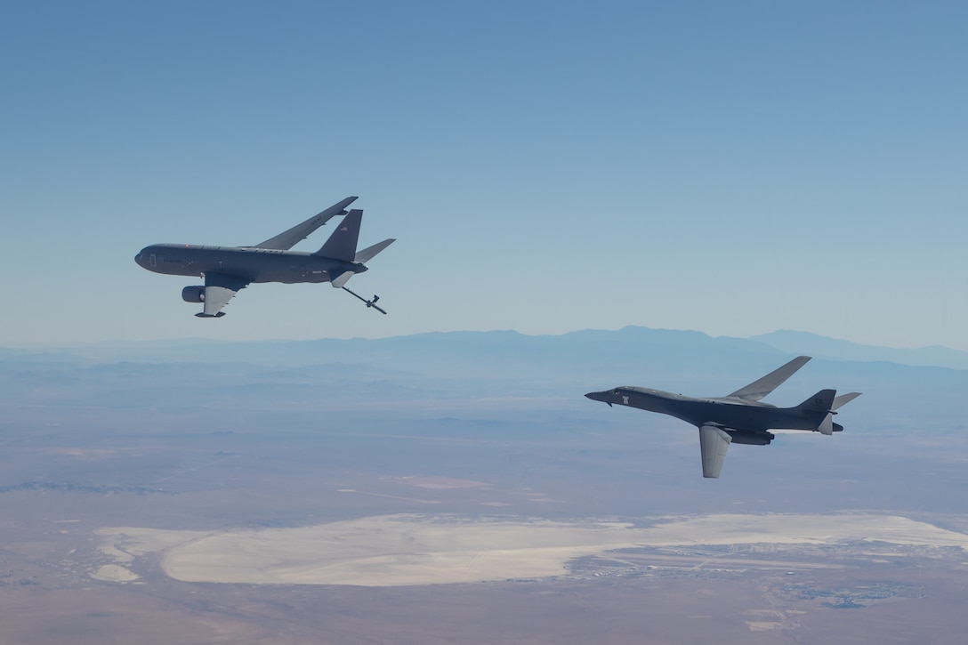 The B-1B Lancer conducted aerial testing with the KC-46 Pegasus in the skies over Edwards Air Force Base, California, recently. (Air Force photo by Don Allen)