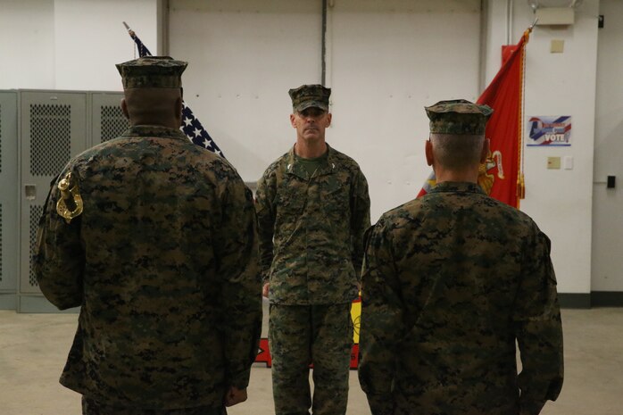 U.S. Marines 1st. Sgt. Jonathan Ragland, (left) and Sgt. Maj. Jonathan Lazzeroni (right) report to Col. Donald J. Riley Jr. Commanding Officer, Chemical Biological Incident Response Force (CBIRF) during the appointment ceremony for the new CBIRF Sgt. Maj., aboard Naval Support Facility Indian Head, Md., Nov. 27, 2019. CBIRF held this ceremony to welcome Sgt. Maj. Lazzeroni. (Official Marine Corps photo by Lance. Cpl. Blakely Graham/Released)