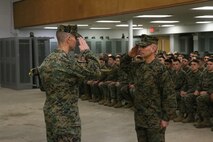U.S. Marines with Chemical Biological Incident Response Force (CBIRF) participate in the appointment ceremony for the new CBIRF Sgt. Maj., aboard Naval Support Facility Indian Head, Md., Nov. 27, 2019. CBIRF held this ceremony to welcome Sgt. Maj. Lazzeroni. (Official Marine Corps photo by Lance. Cpl. Blakely Graham/Released)