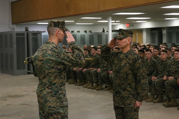 U.S. Marines with Chemical Biological Incident Response Force (CBIRF) participate in the appointment ceremony for the new CBIRF Sgt. Maj., aboard Naval Support Facility Indian Head, Md., Nov. 27, 2019. CBIRF held this ceremony to welcome Sgt. Maj. Lazzeroni. (Official Marine Corps photo by Lance. Cpl. Blakely Graham/Released)