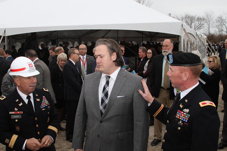 With significant federal, state and local dignitaries present, the National Geospatial-Intelligence Agency with many partners celebrated the symbolic groundbreaking for beginning of construction on the 97-acre campus in North St. Louis November 26, 2019. Recognized by the Corps after the ceremony. Left to right - Lt. Gen. Todd Semonite, 54th Chief of Engineers and Commanding General, U.S. Army Corps of Engineers; Jonathan Petry; and Commander of the Kansas City District Col. Bill Hannan.