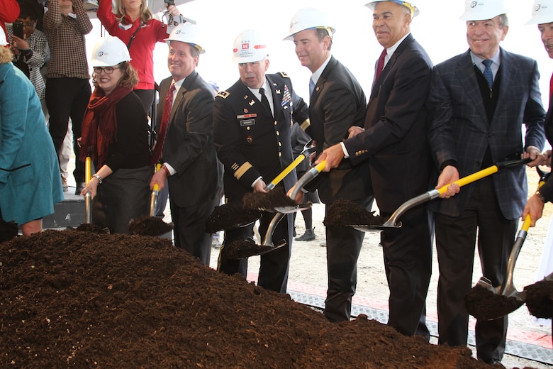 With significant federal, state and local dignitaries present, the National Geospatial-Intelligence Agency with many partners celebrated the symbolic groundbreaking for beginning of construction on the 97-acre campus in North St. Louis November 26, 2019. Lt. Gen. Todd Semonite, 54th Chief of Engineers and Commanding General of the U.S. Army Corps of Engineers (center), Rep. Adam Schiff, Calif.-28th District, Rep. Wm. Lacy Clay, Mo.-1st District, Sen. Roy Blunt, Mo.