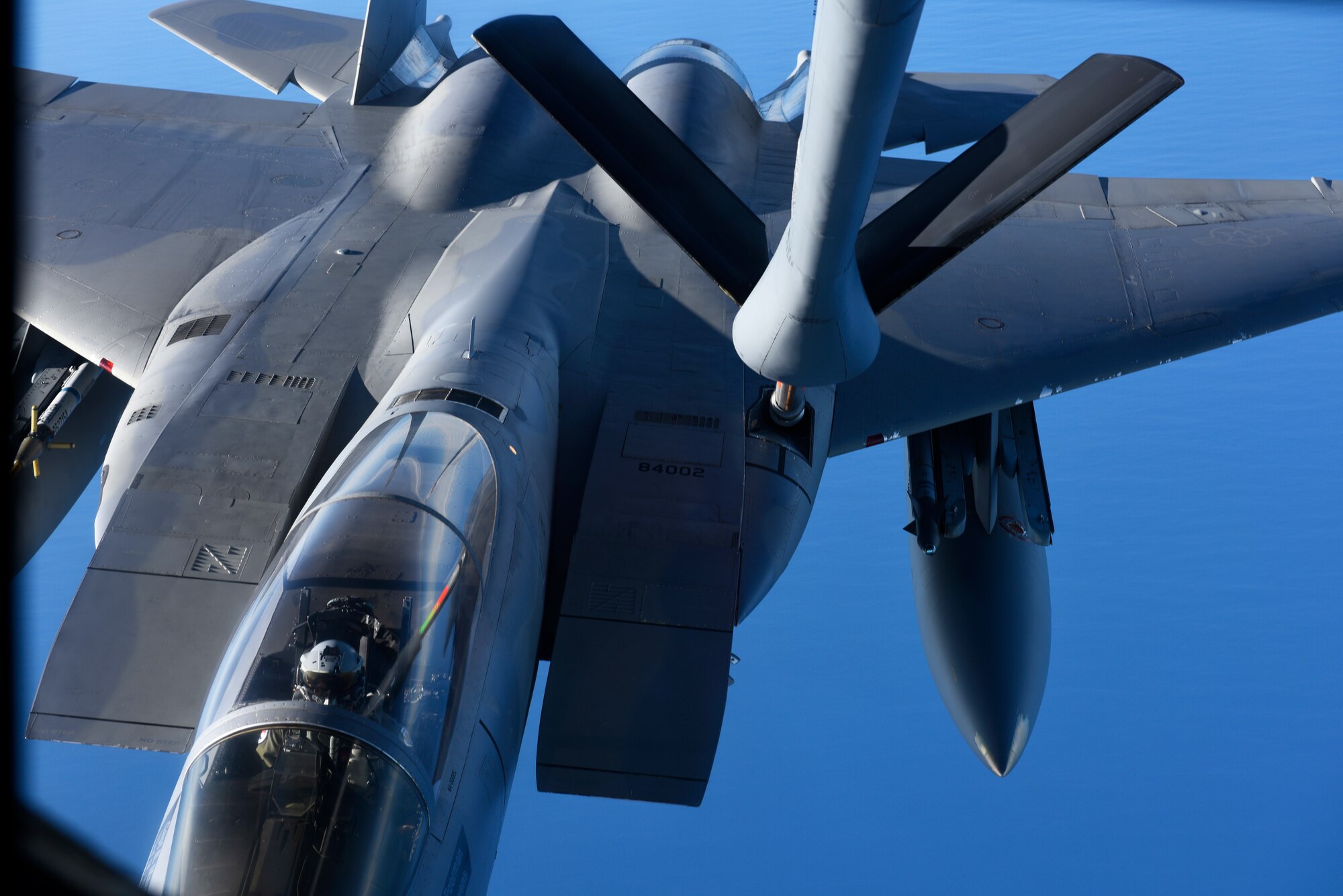 A U.S. Air National Guard F-15C Eagle from the 142nd Fighter Wing, connects with a U.S. Air Force KC-135 Stratotanker from the 92nd Air Refueling Wing during an air refueling training mission over Oregon, Nov. 22, 2019.