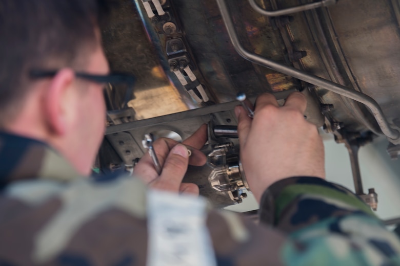 Staff Sgt. Isaac Bennett, 27th Special Operations Aircraft Maintenance Squadron non-commissioned officer in charge, performs maintenance on a CV-22 Osprey during an Operational Readiness Assessment at Cannon Air Force Base, N.M., Nov. 20, 2019. Multiple Cannon aircraft were utilized during the ORA. (U.S. Air Force photo by Senior Airman Vernon R. Walter III)