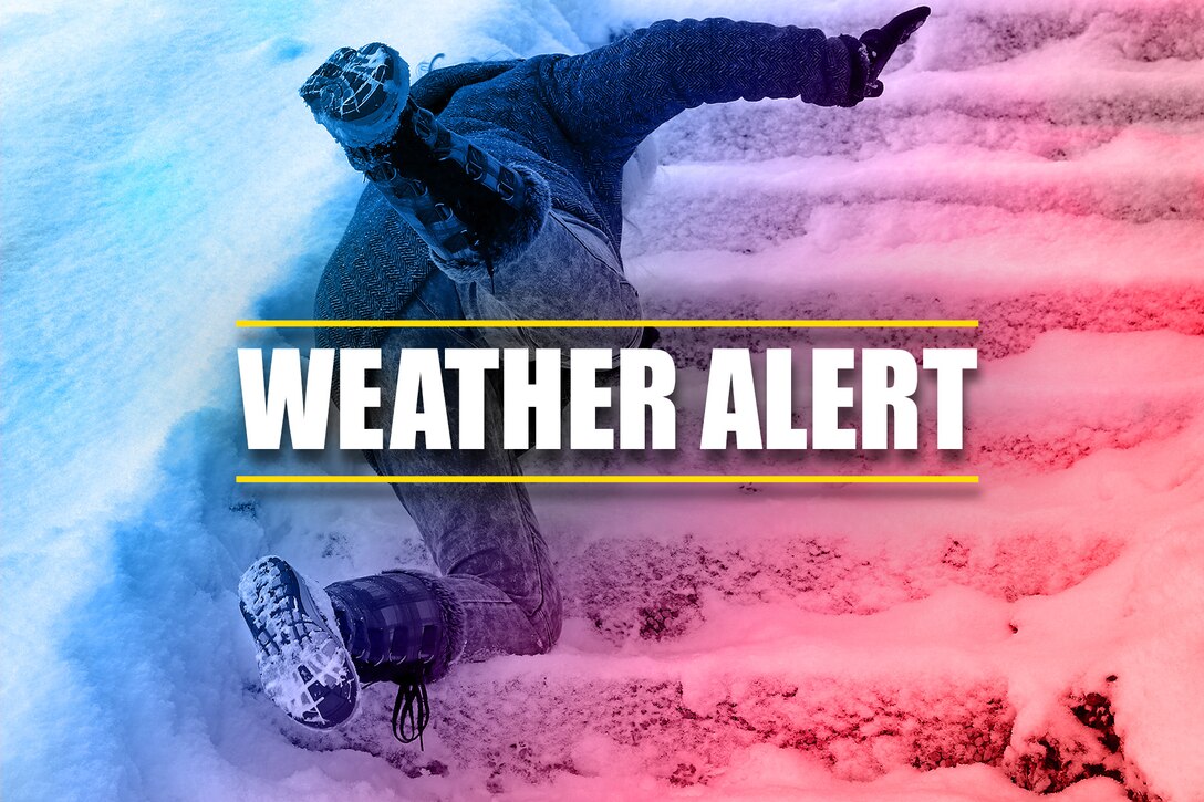 Image of person falling on snow-covered stairs with the words Weather Alert over the top of the image.