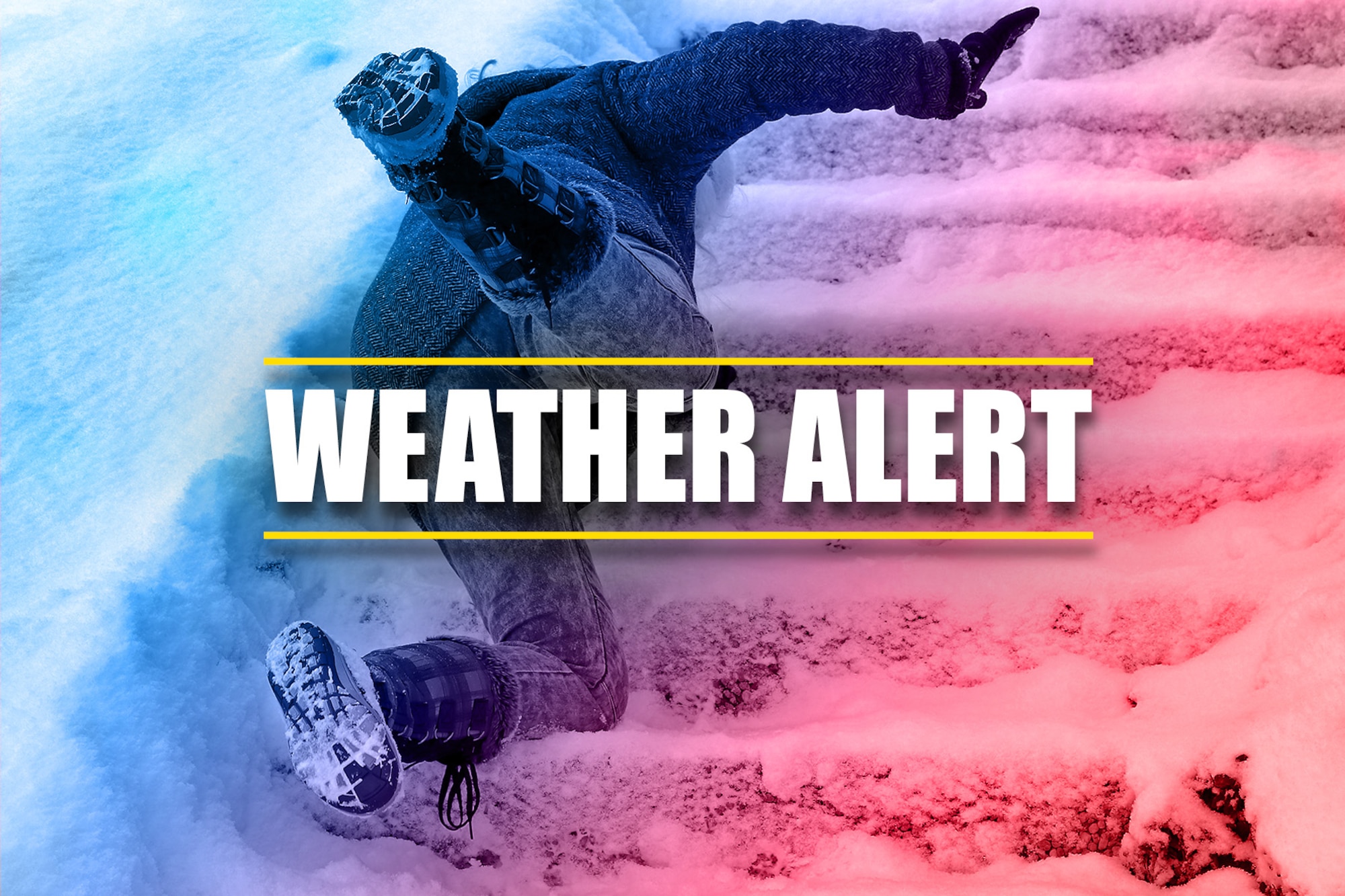 Image of person falling on snow-covered stairs with the words Weather Alert over the top of the image.