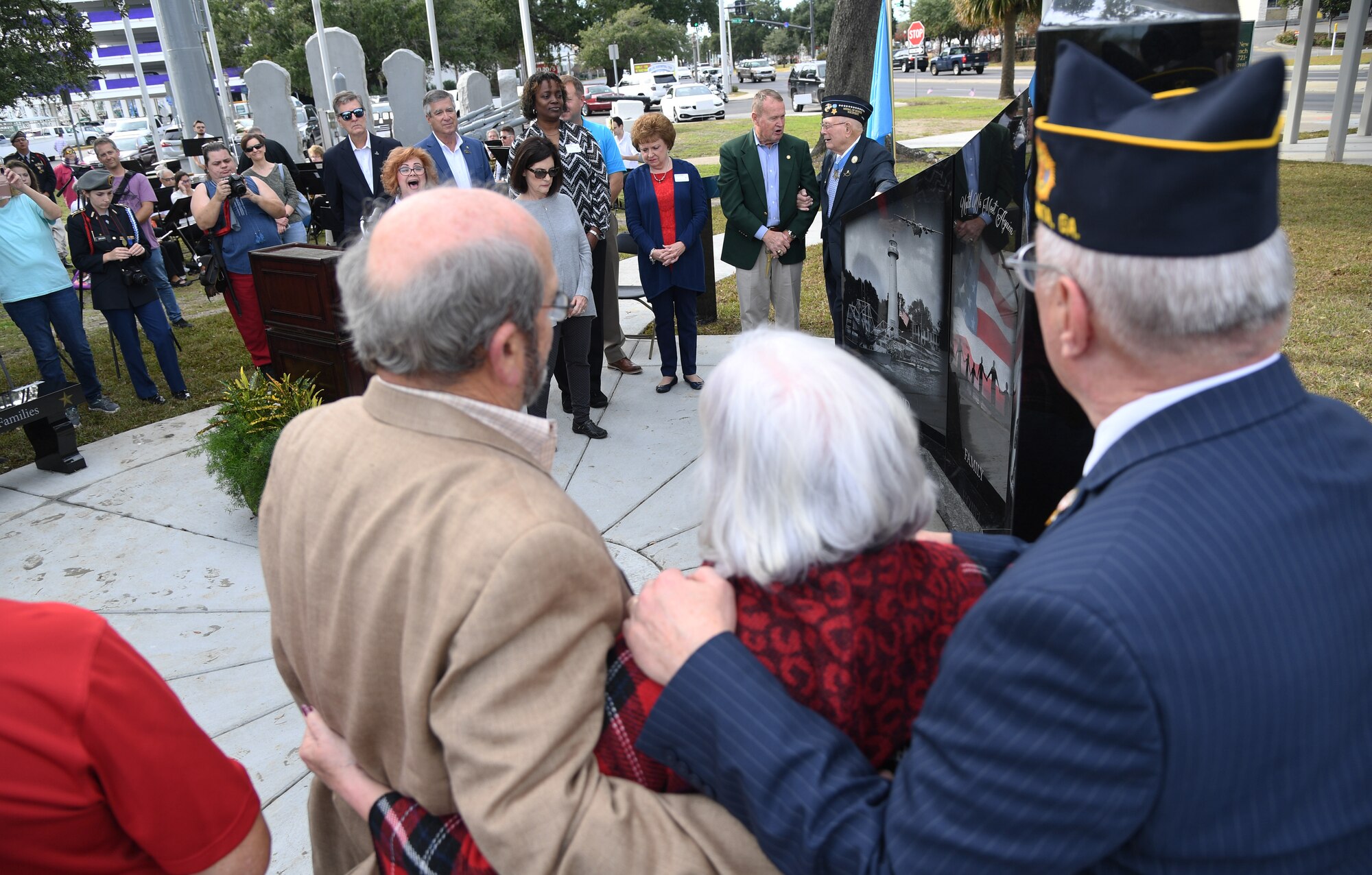 Gold Star family members, local community members and Keesler Airmen attend the Gold Star Families Memorial Monument dedication ceremony at Guice Veterans Memorial Park in Biloxi, Mississippi, Nov. 23, 2019. The monument honors families of service men and women who sacrificed their lives while serving in the military. (U.S. Air Force photo by Kemberly Groue)