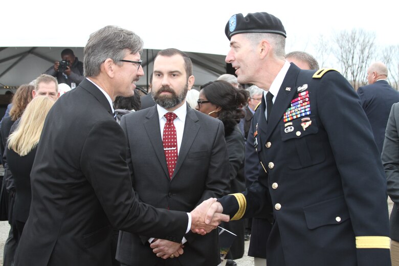 Dave Walsh, left, contracting officer, was recognized by the Commanding General of the Northwestern Division, U.S. Army Corps of Engineers, Brig. Gen. Pete Helmlinger, after the ceremony for his great work on the project.
