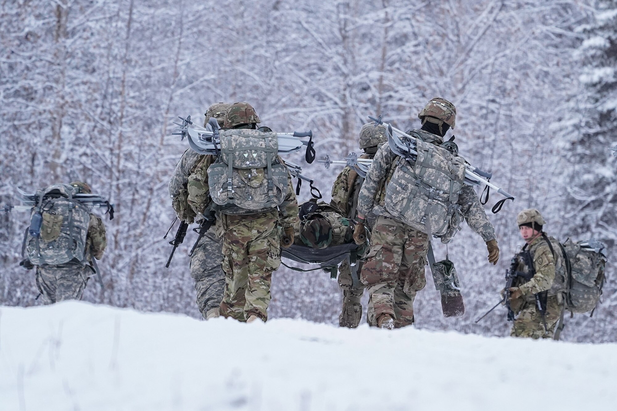 Medics from the 6th Brigade Engineer Battalion (Airborne), 4th Infantry Brigade Combat Team (Airborne), 25th Infantry Division, U.S. Army Alaska, carry a simulated casualty to an extraction point while training with aviators from the Alaska Army National Guard at Neibhur Drop Zone, Nov. 26, 2019, to hone their life-saving and Medevac hoist skills for the paratroopers’ upcoming rotation to the Joint Readiness Training Center at Fort Polk, La.