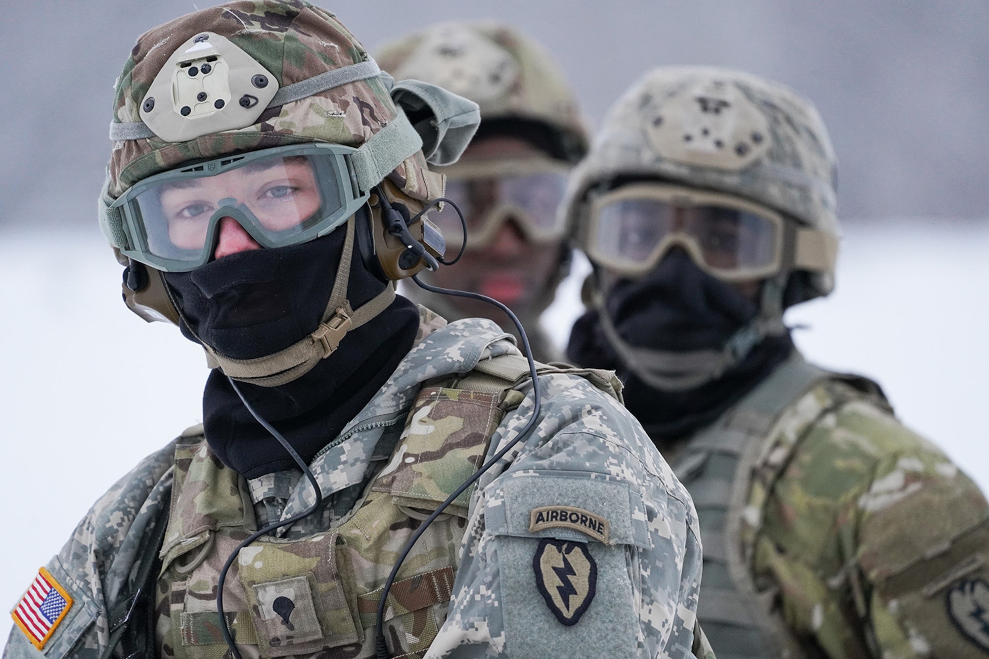 Spc. Eric Stidham assigned to Headquarters and Headquarters Company, 6th Brigade Engineer Battalion (Airborne), 4th Infantry Brigade Combat Team (Airborne), 25th Infantry Division, U.S. Army Alaska, trains with fellow Soldiers and aviators from the Alaska Army National Guard at Neibhur Drop Zone, Nov. 26, 2019, to hone their life-saving and Medevac hoist skills for the paratroopers’ upcoming rotation to the Joint Readiness Training Center at Fort Polk, La.