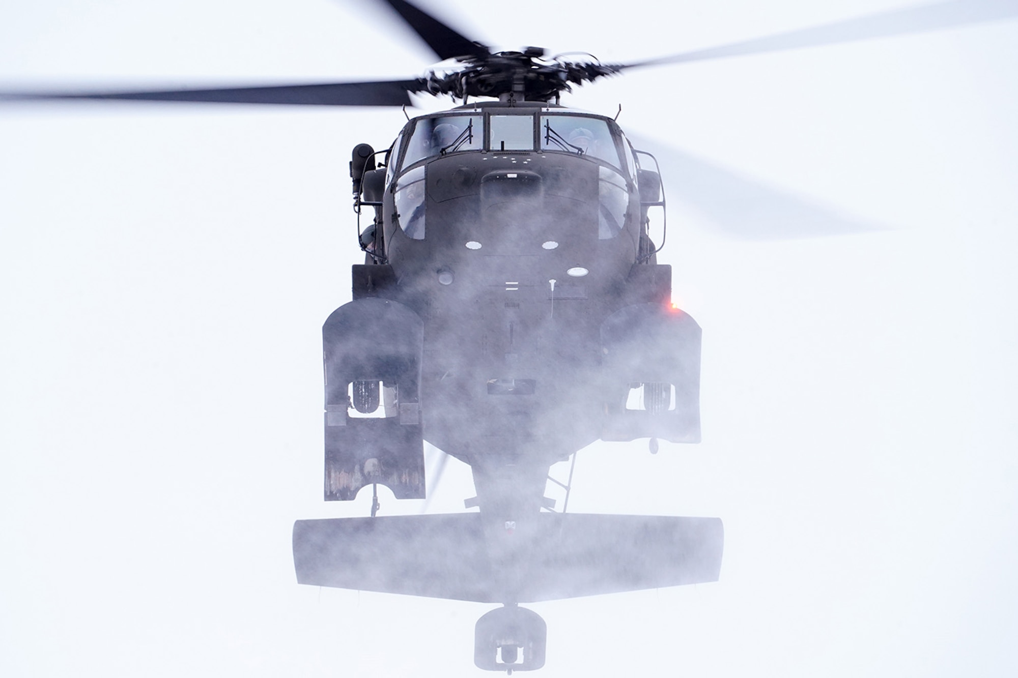 A UH-60 Black Hawk helicopter from the Alaska Army National Guard approaches Neibhur Drop Zone, Nov. 26, 2019, to assist Soldiers assigned to the 6th Brigade Engineer Battalion (Airborne), 4th Infantry Brigade Combat Team (Airborne), 25th Infantry Division, U.S. Army Alaska, in honing their life-saving and Medevac hoist skills for the paratroopers’ upcoming rotation to the Joint Readiness Training Center at Fort Polk, La.