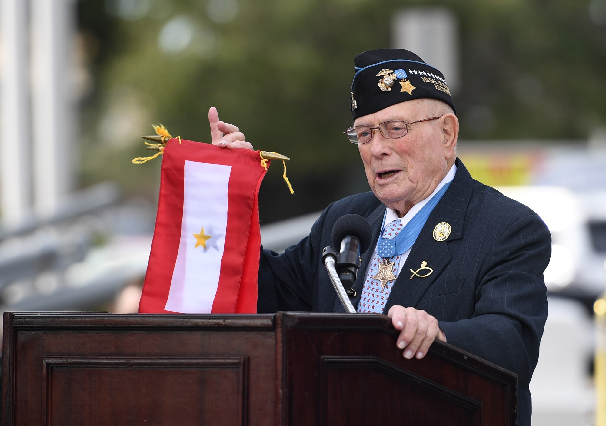 U.S. Marine retired Warrant Officer Hershel "Woody" Williams, World War II Medal of Honor recipient, delivers remarks during the Gold Star Families Memorial Monument dedication ceremony at Guice Veterans Memorial Park in Biloxi, Mississippi, Nov. 23, 2019. The monument honors families of service men and women who sacrificed their lives while serving in the military. (U.S. Air Force photo by Kemberly Groue)