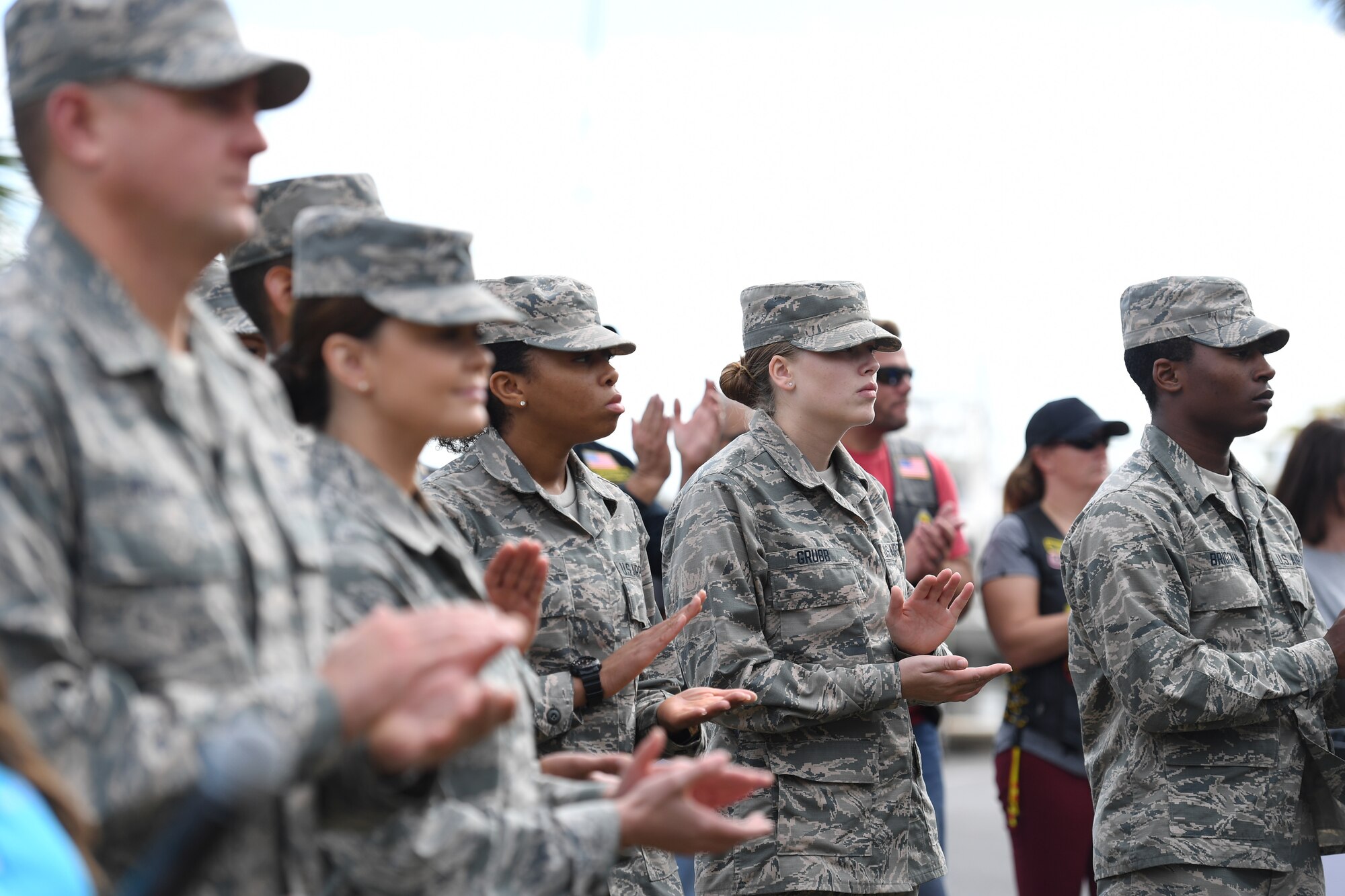 U.S. Air Force Airmen from Keesler Air Force Base, Mississippi, attend the Gold Star Families Memorial Monument dedication ceremony at Guice Veterans Memorial Park in Biloxi, Mississippi, Nov. 23, 2019. The monument honors families of service men and women who sacrificed their lives while serving in the military. (U.S. Air Force photo by Kemberly Groue)