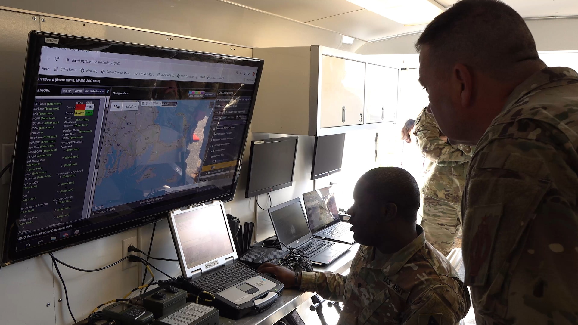 Maj. Gen. Gary W. Keefe, the adjutant general of the Massachusetts National Guard, is briefed on the capabilities of the NG CIMS system, Oct. 6, 2019, at Joint Base Cape Cod, Mass.