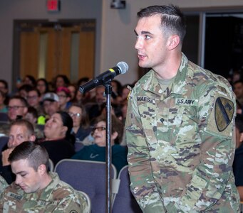 U.S. Army Spc. Ezra Maes asks a question during a live Q-and-A with Col. Andrew Morgan, U.S. Army doctor and astronaut, at Brooke Army Medical Center, Joint Base San Antonio-Fort Sam Houston Nov. 27. More than 250 people attended the event, which was also streamed live on BAMC’s official Facebook page.