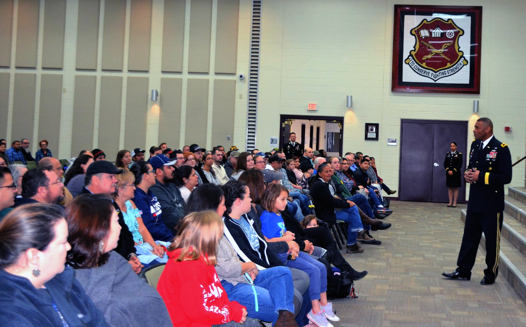 The U.S. Army Medical Center of Excellence command team of Maj. Gen. Patrick D. Sargent and Command Sgt. Maj. William "Buck" O'Neal were on hand to speak to the area families and outgoing Soldiers about the Mission Thanksgiving event, now in existence for more than two decades.