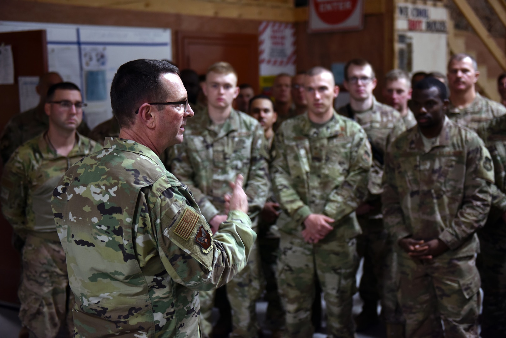 Air Force Gen. Joseph Lengyel, chief, National Guard Bureau, talks with troops during Thanksgiving holiday visits to units in three countries, Kuwait, Nov. 27, 2019.