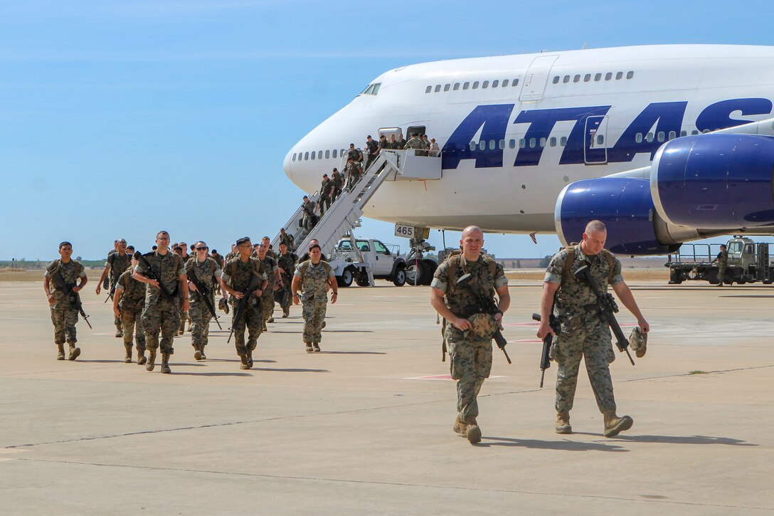 U.S. Marines with Special Purpose Marine Air-Ground Task Force-Crisis Response-Africa 20.1, Marine Forces Europe and Africa, arrive as the last main body workforce on Moron Air Base, Spain, Sept. 23, 2019.