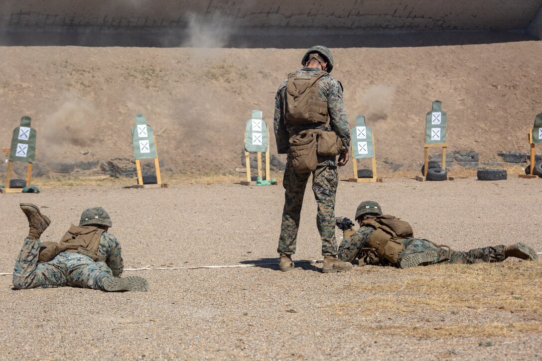 U.S. Marines with Special Purpose Marine Air-Ground Task Force-Crisis Response-Africa 20.1, Marine Forces Europe and Africa, fire their M4 carbines during a battle-sight zero range at Morόn Air Base, Spain, Sept. 27, 2019.