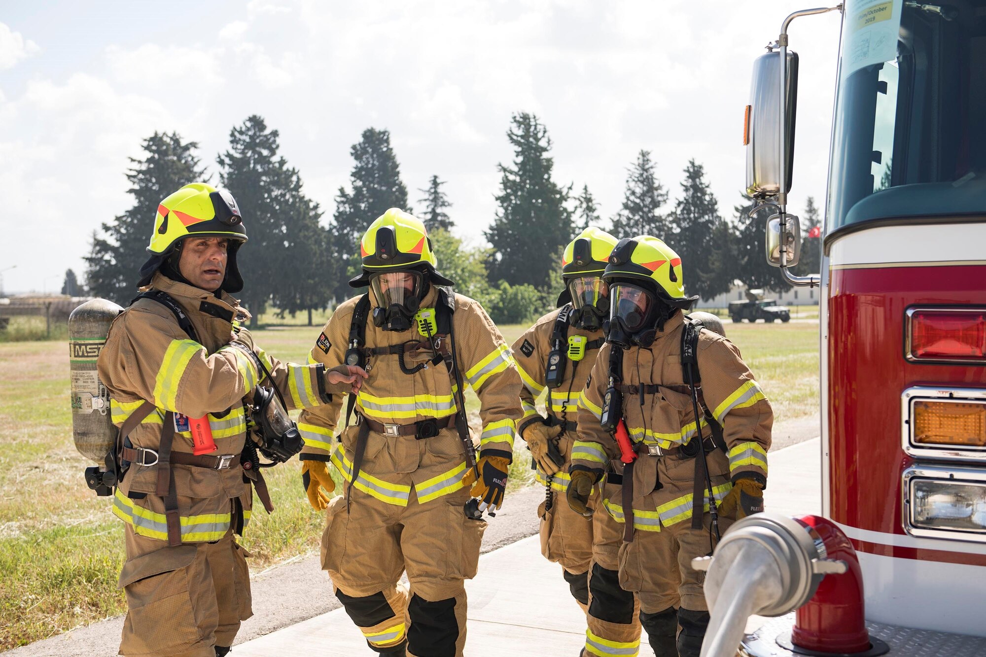 Firefighters from the 39th Civil Engineer Squadron conduct live-fire training May 8, 2019, at Incirlik Air Base, Turkey. Incirlik Firefighters are slated to celebrate Fire Prevention Week from Oct. 6-12, 2019 and this year’s theme is “Not Every Hero Wears a Cape. Plan and Practice Your Escape.” (U.S. Air Force photo by Staff Sgt. Ceaira Tinsley)