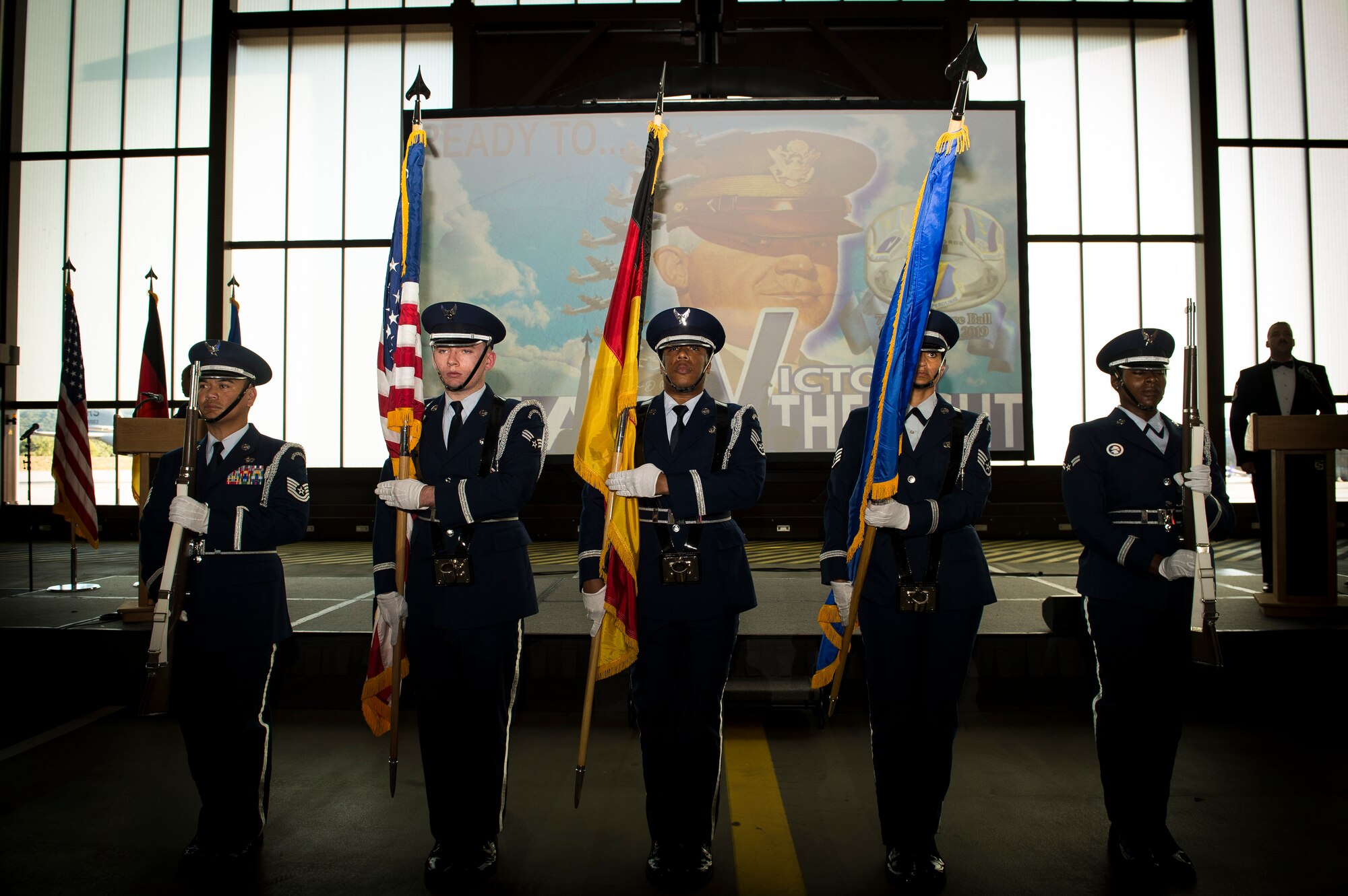 The Ramstein Air Base Honor Guard presents the colors during the 72nd Air Force birthday ball at Ramstein Air Base, Germany, Sept. 21, 2019. More than 900 Airmen gathered to celebrate the Air Force’s birthday. (U.S. Air Force photo by Staff Sgt. Jonathan Bass)