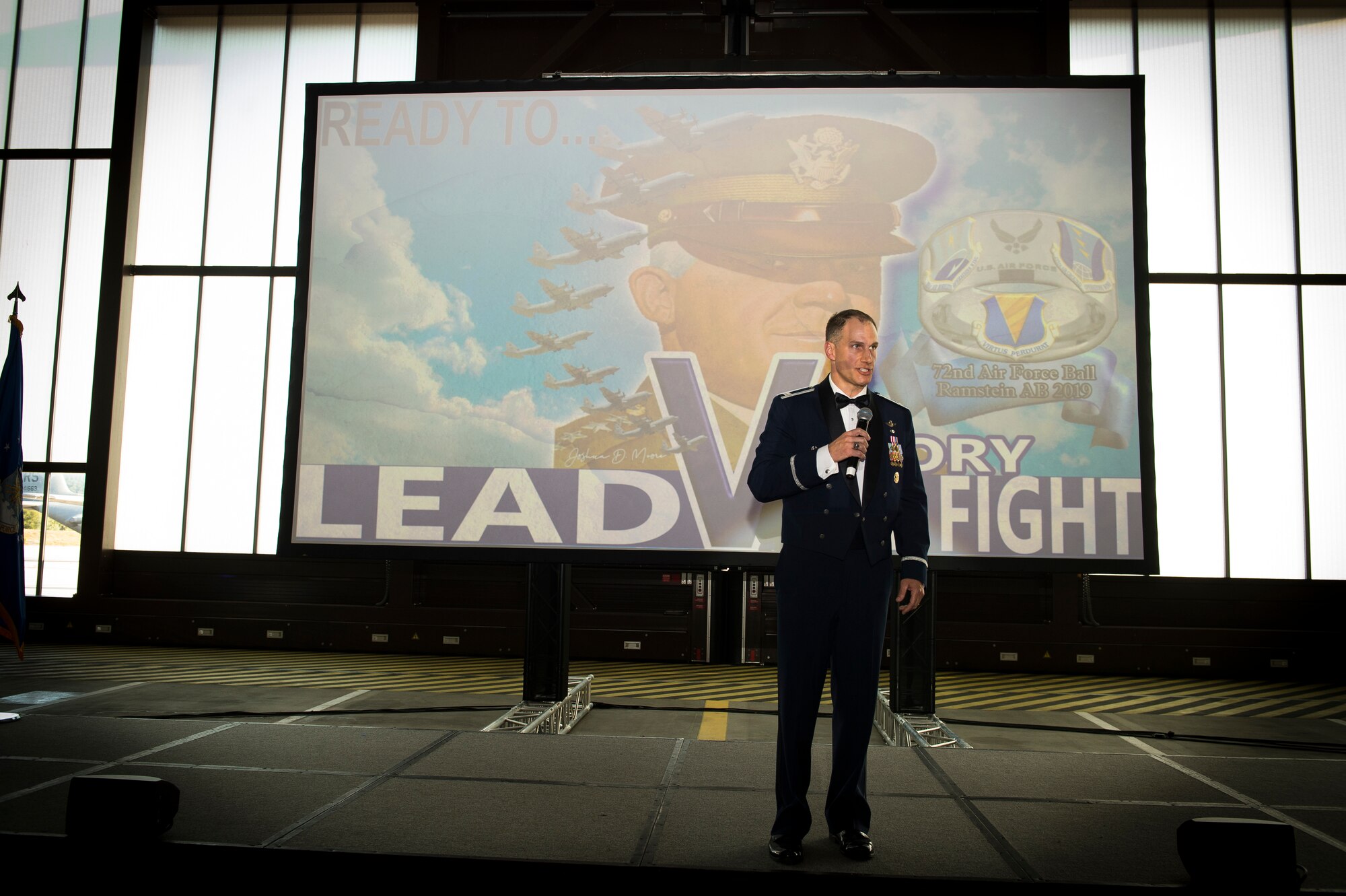 U.S. Air Force Col. Matthew S. Husemann, 86th Airlift Wing vice commander, delivers opening remarks during the 72nd Air Force birthday ball at Ramstein Air Base, Germany, Sept. 21, 2019. Husemann is a command pilot with more than 3,000 hours in four different aircraft. (U.S. Air Force photo by Staff Sgt. Jonathan Bass)