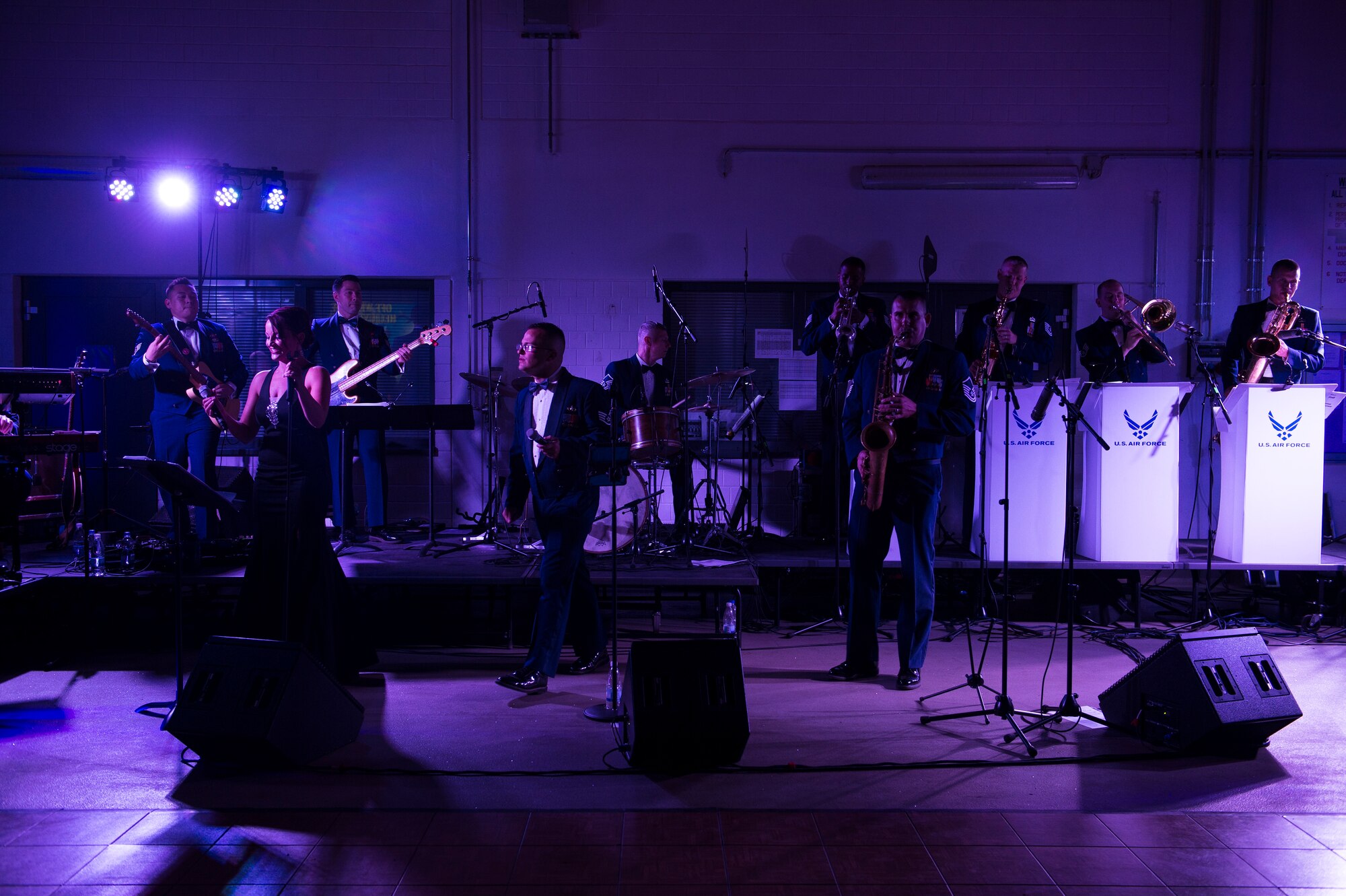 The U.S. Air Forces in Europe Jazz and Rock bands perform during the 72nd Air Force birthday ball at Ramstein Air Base, Germany, Sept. 21, 2019. The bands played two sets, a formal jazz set during the dinner portion and a dance set after the formal portion of the evening. (U.S. Air Force photo by Staff Sgt. Jonathan Bass)