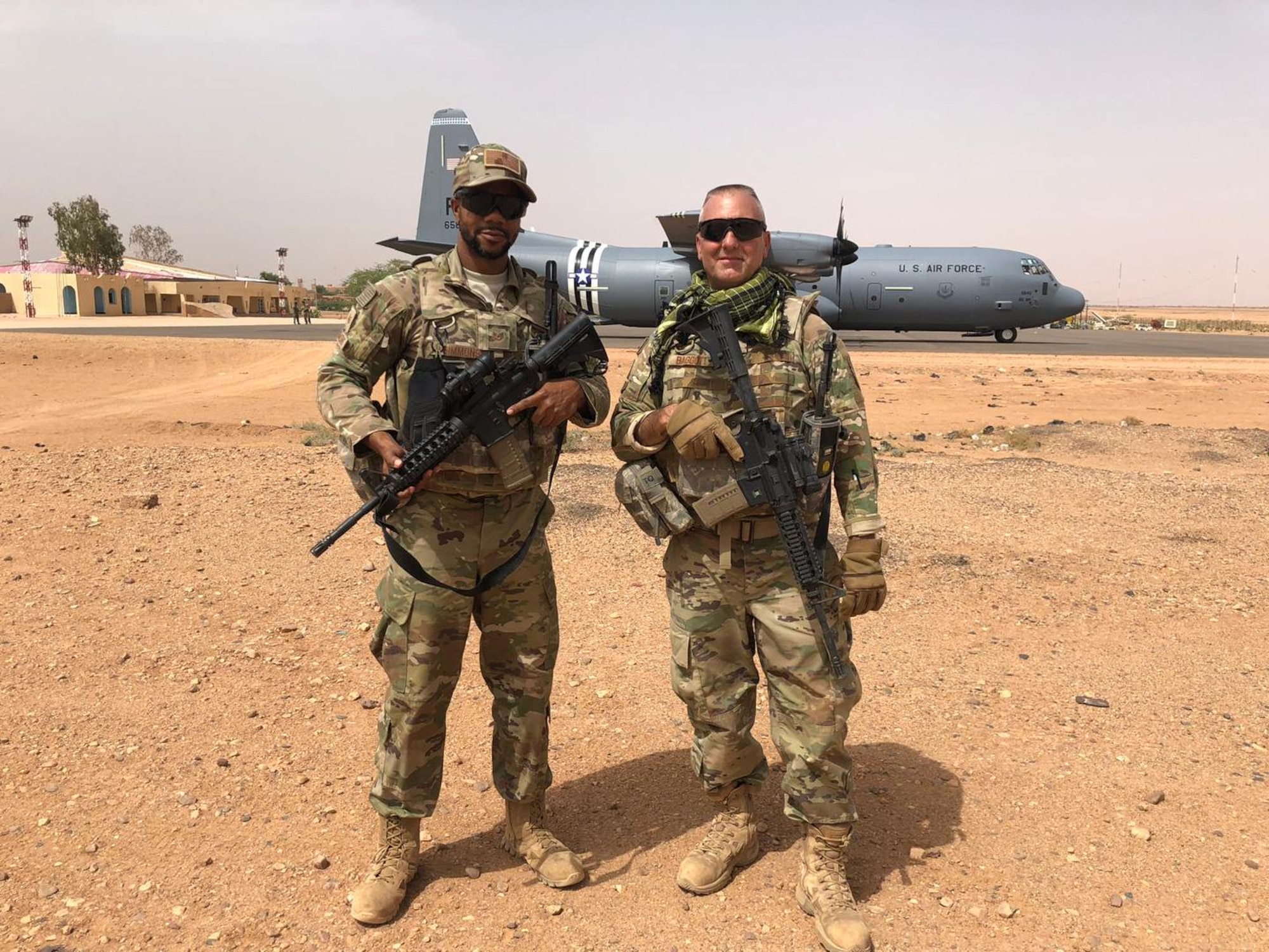 Tech. Sgts. James Baggott and Johnathan Simmmons, 403rd Logistics Readiness Squadron transportation specialists, deployed to Air Base 201, Agadez, Niger for a six-month tour conductions vehicle operations in the Logisitcs Readiness Flight for the 724 Expeditionary Air Base Squadron. The LRF was responsible for the transport of personnel, cargo and supplies. (U.S. Air Force photo provided by Tech. Sgt. James Baggott)