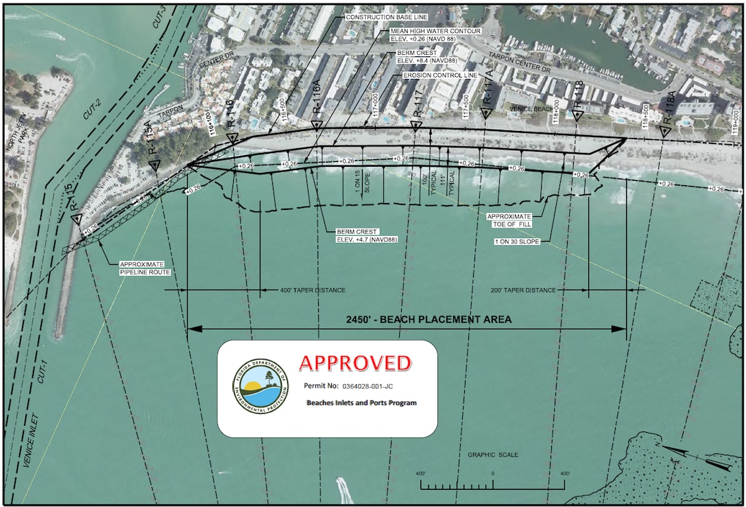 Map showing the placement location of sand from the maintenance dredging project in Venice, Florida, that will take place in October 2019. The project will take sand removed from the Intercoastal Waterway and place it on eroded areas of the beach and in the near shore area to protect structures and infrastructure on the public beach.