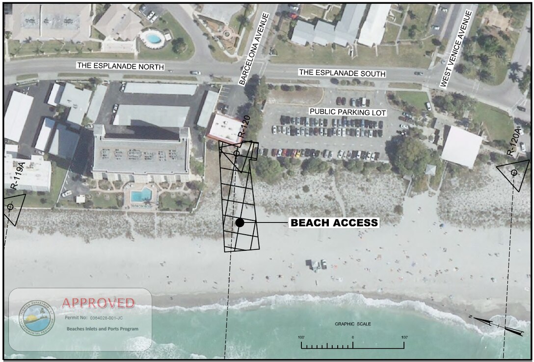 This map shows the location of the beach access for equipment and crews that will be working on the Gulf Intercoastal Waterway maintenance project in Venice, Florida. The project includes dredging the IWW and placing the material on the beach and nearshore area near the Venice Inlet. Construction activities are scheduled to begin in mid-October and be completed by the end of the calendar year.