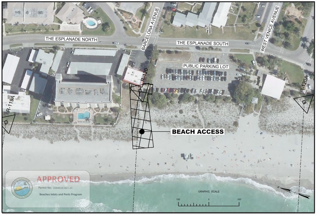 This map shows the location of the beach access for equipment and crews that will be working on the Gulf Intercoastal Waterway maintenance project in Venice, Florida. The project includes dredging the IWW and placing the material on the beach and nearshore area near the Venice Inlet. Construction activities are scheduled to begin in mid-October and be completed by the end of the calendar year.