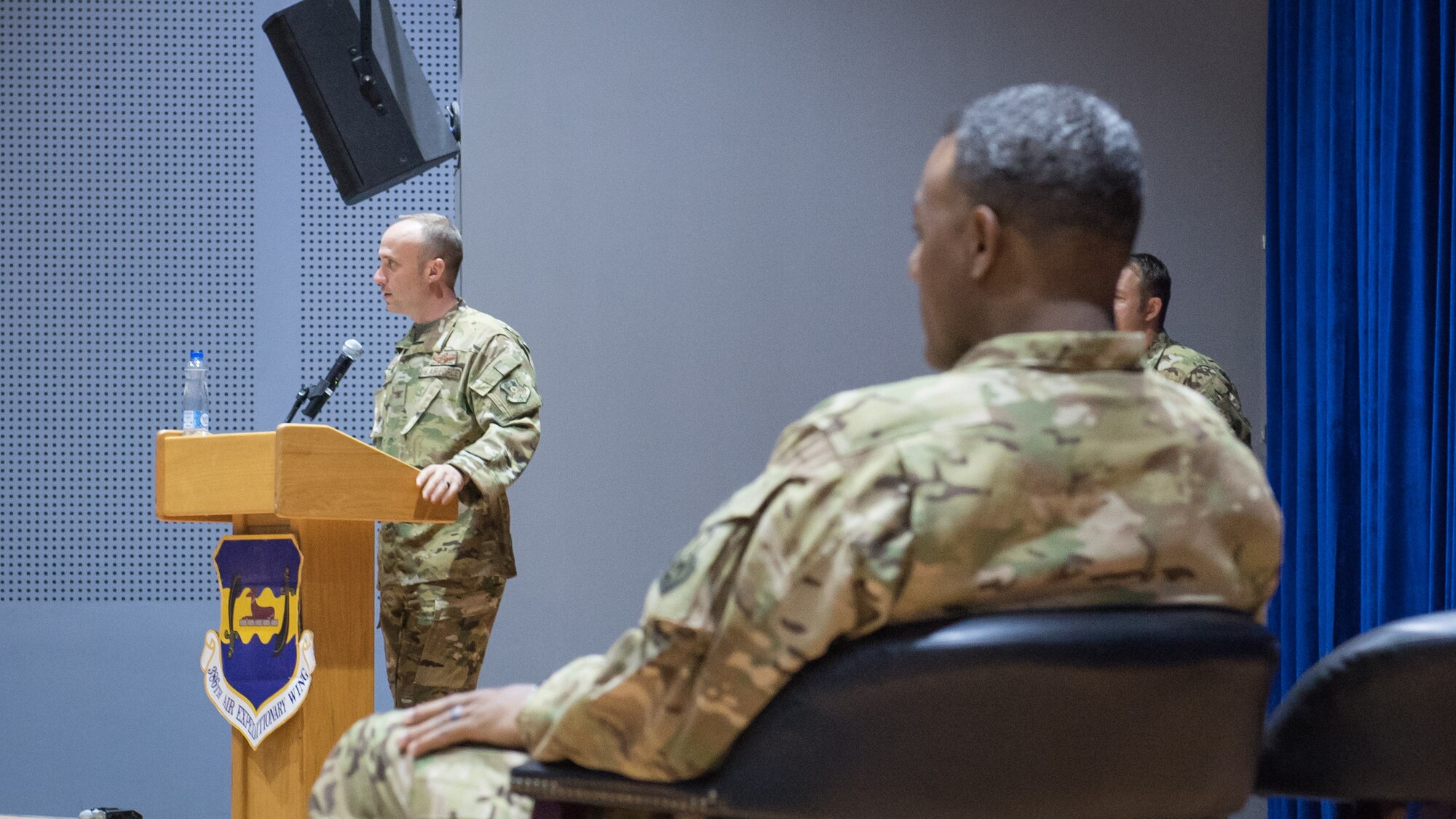 Col. David Morgan, 407th Air Expeditionary Group commander, speaks during the 43rd Expeditionary Electronic Combat Squadron's inactivation ceremony at Ali Al Salem Air Base, Kuwait, Sept. 30, 2019. Morgan presided over the ceremony. (U.S. Air Force photo by Tech. Sgt. Daniel Martinez)