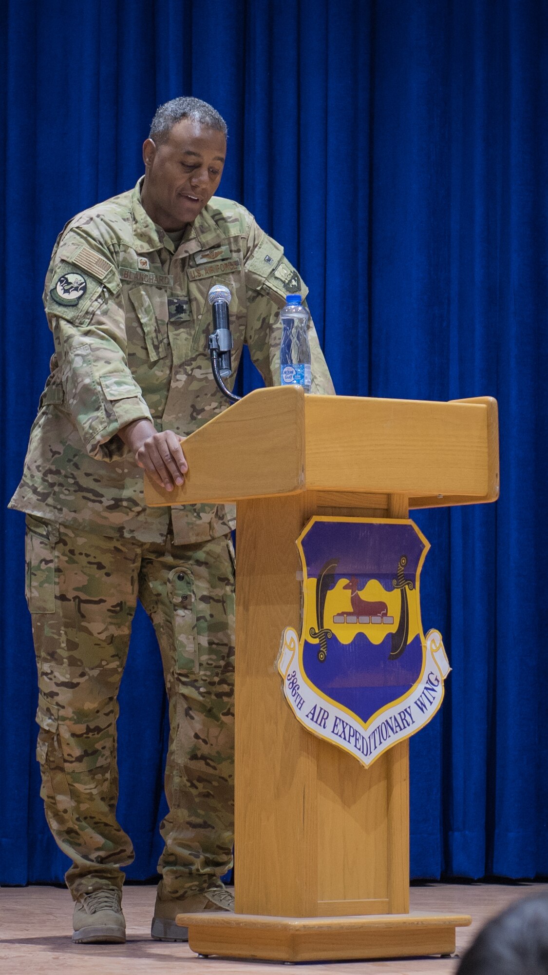 Lt. Col. Adam Blanchard, 43rd Expeditionary Electronic Combat Squadron commander, speaks during the 43rd EECS inactivation ceremony at Ali Al Salem Air Base, Kuwait, Sept. 30, 2019. Blanchard praised his team for contributing to various missions within the U.S. Central Command area of responsibility. (U.S. Air Force photo by Tech. Sgt. Daniel Martinez)