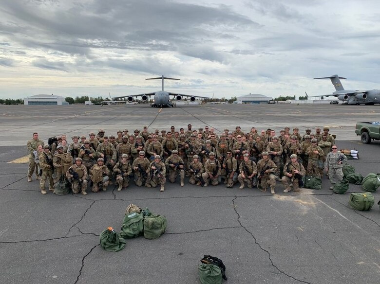 Devil Raiders from the 621st Contingency Response Wing pose for a group photo during Exercise Mobility Guardian Sept. 16, 2019, at Moses Lake, located west of Fairchild Air Force Base, Washington. Exercise Mobility Guardian is Air Mobility Command's premier, large-scale mobility exercise. (Courtesy photo)