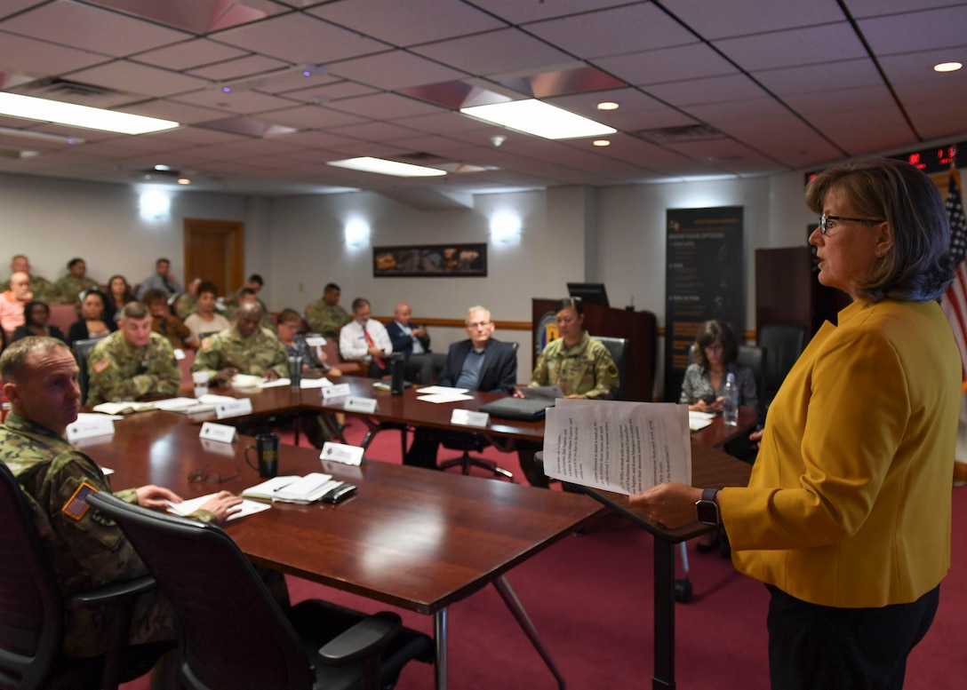 Donna Cloy, Army Community Service community readiness consultant addresses the room during the Army Family Action Plan conference at Joint Base Langley-Eustis, Virginia, Sept. 24-26, 2019.