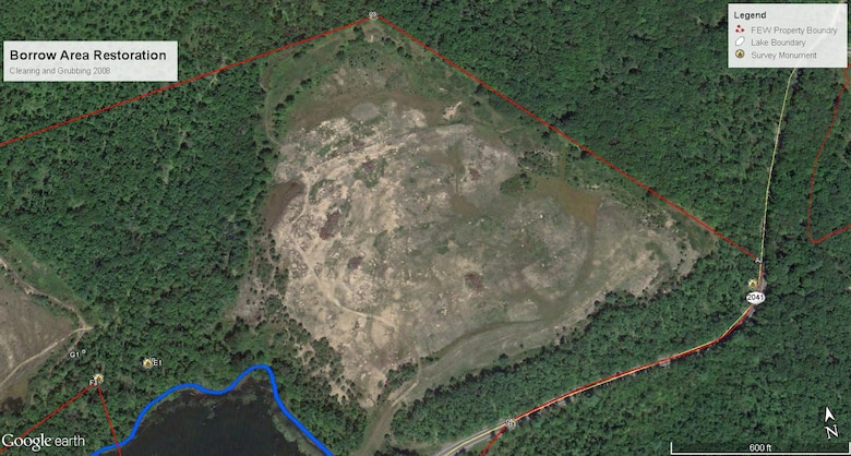 A satellite image from 2008 shows a barren landscape at a borrow area that was excavated for the construction of the embankment of the Francis E. Walter Dam. For the past 11 years, the Army Corps and partners have worked to restore these borrow areas.