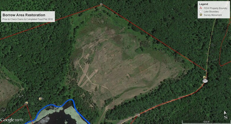 A satellite image from 2018 shows significant habitat improvement at a borrow area that was excavated for the construction of the embankment of the Francis E. Walter Dam. For the past 11 years, the Army Corps and partners have worked to restore these borrow areas.