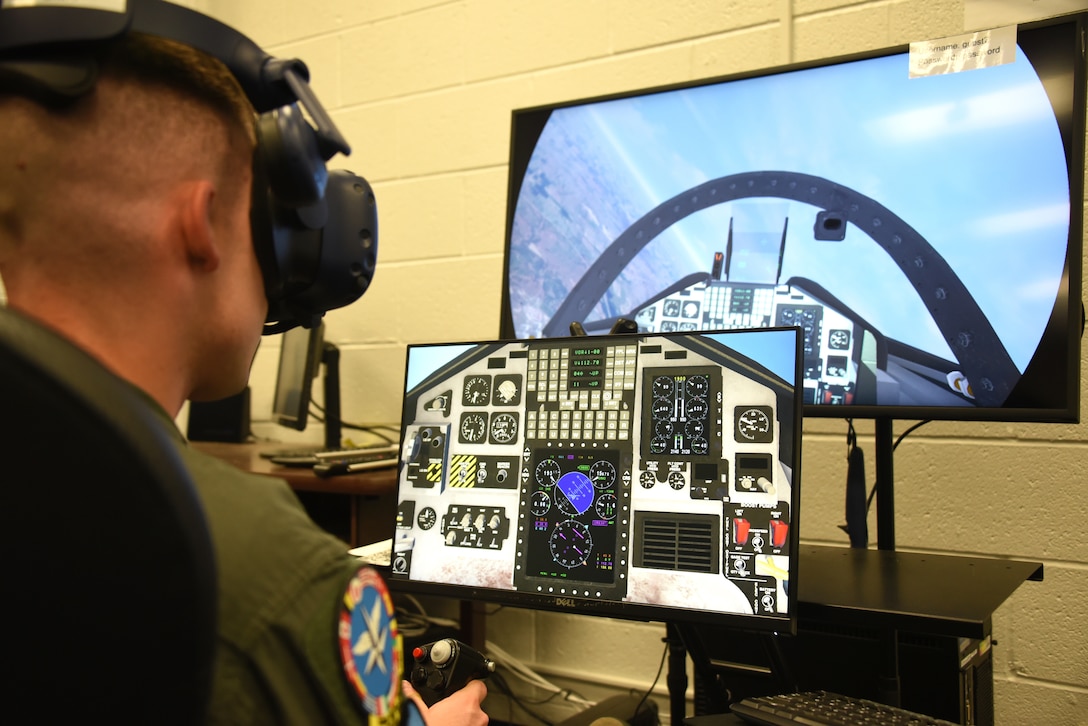 80th Flying Training Wing student pilot, flies a T-38C Talon through a mixed reality environment during a training session