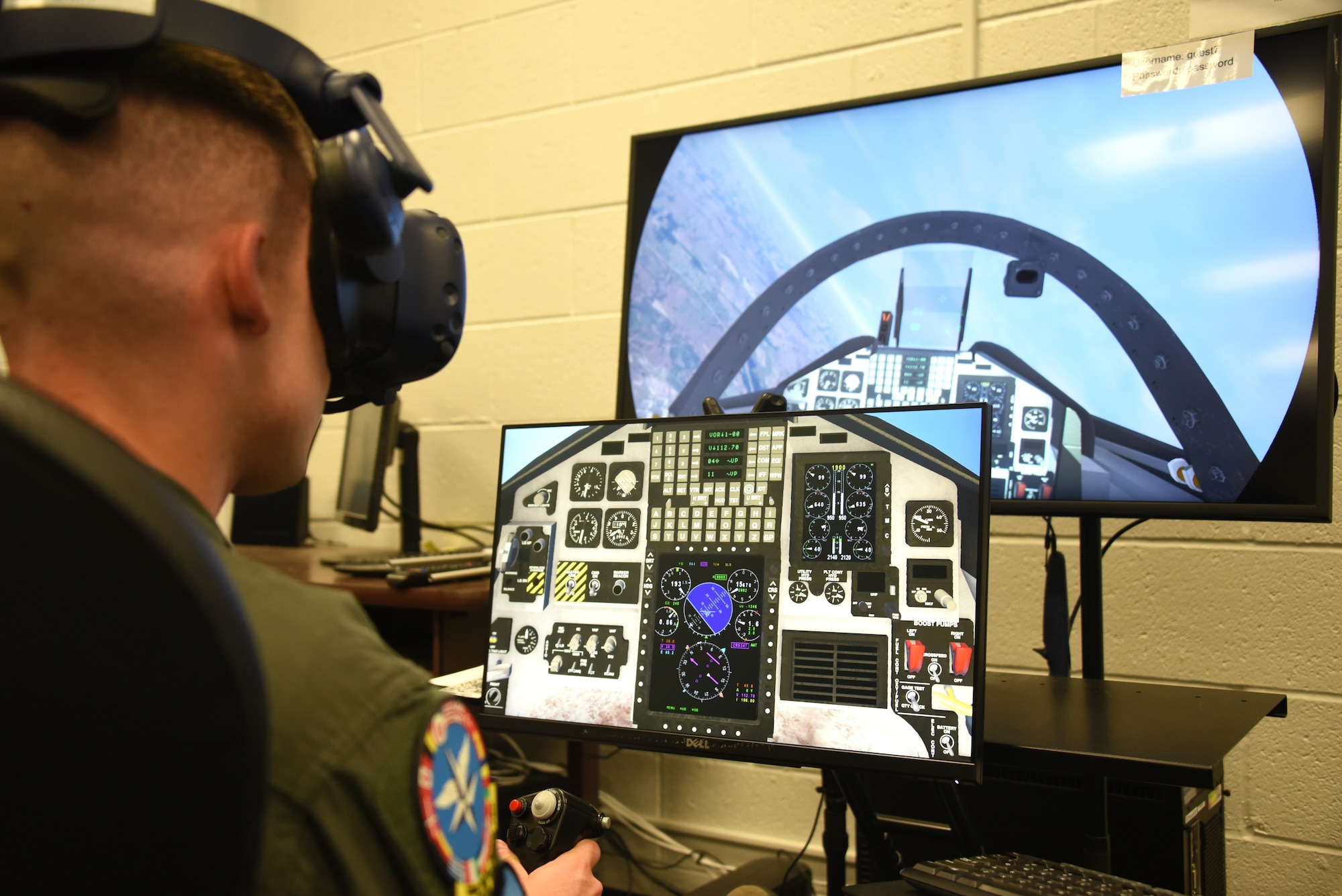 80th Flying Training Wing student pilot, flies a T-38C Talon through a mixed reality environment during a training session