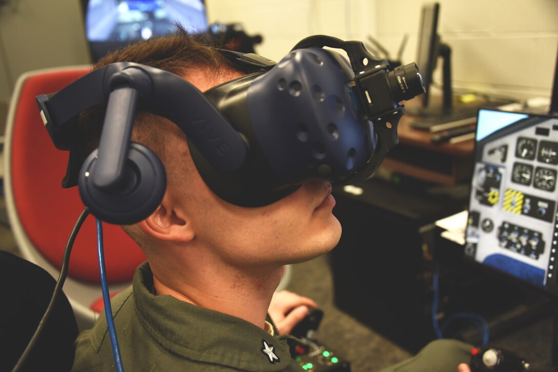 80th Flying Training Wing student pilot, flies a T-38C Talon through a mixed reality environment