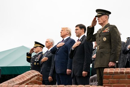 Army Gen. Mark A. Milley, incoming Chairman of the Joint Chiefs of Staff; Vice President Mike Pence; President Donald J. Trump; Secretary of Defense Dr. Mark T. Esper; and Marine Corps Gen. Joe Dunford, outgoing Chairman, render honors during an Armed Forces Welcome Ceremony as Army Gen. Mark A. Milley becomes the 20th Chairman of the Joint Chiefs of Staff, at Joint Base Myer – Henderson Hall, Va., Sept. 30, 2019. Milley takes the reigns from Marine Corps Gen. Joe Dunford, the 19th Chairman of the Joint Chiefs of Staff.